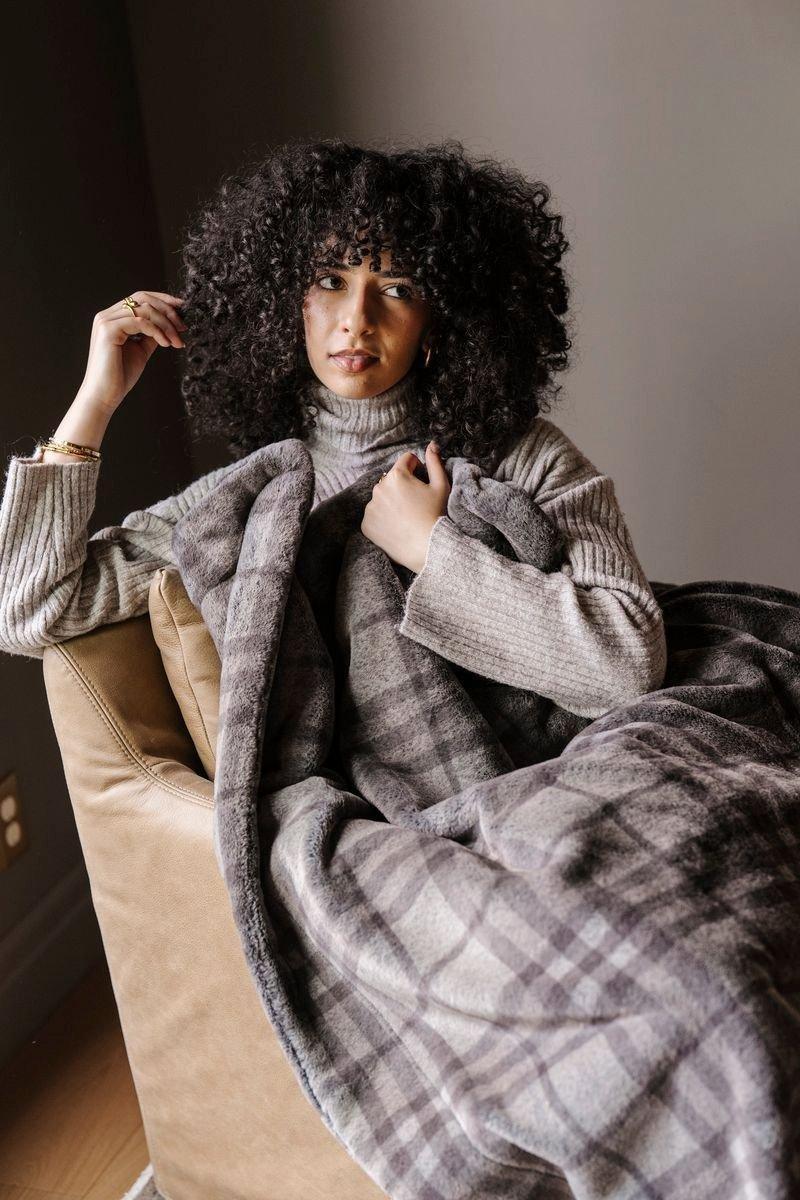 Grand Faux Fur Throw Blanket in Truffle Plaid image number 1