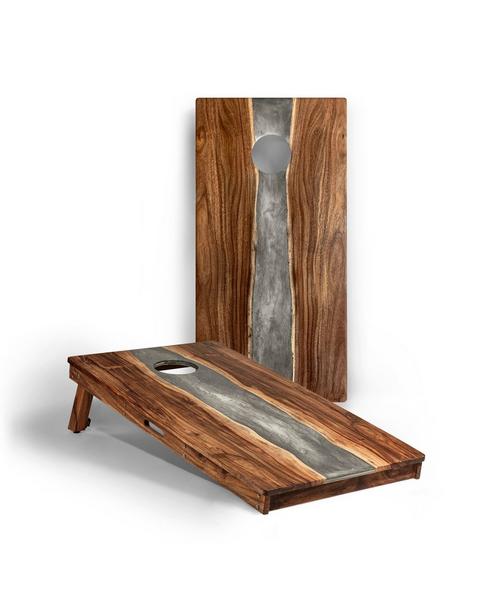 Resin & Wood Classic Cornhole Set | Live Edge River - Gray Stone