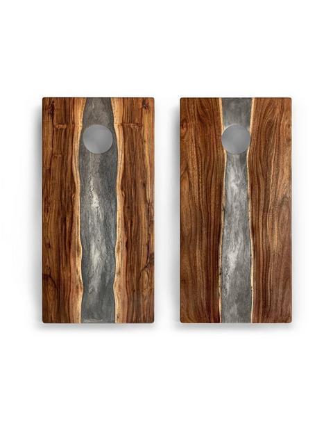 Resin & Wood Classic Cornhole Set | Live Edge River - Gray Stone