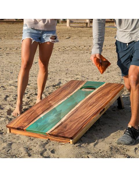Resin & Wood Classic Cornhole Set | Live Edge River - Teal