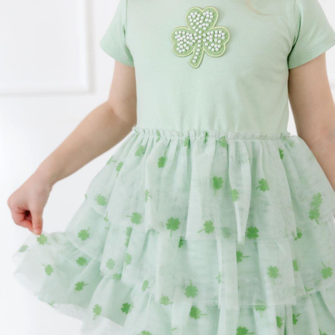 Flocked Shamrock St. Patrick's Day Tiered Short Sleeve Tutu Dress image number 3