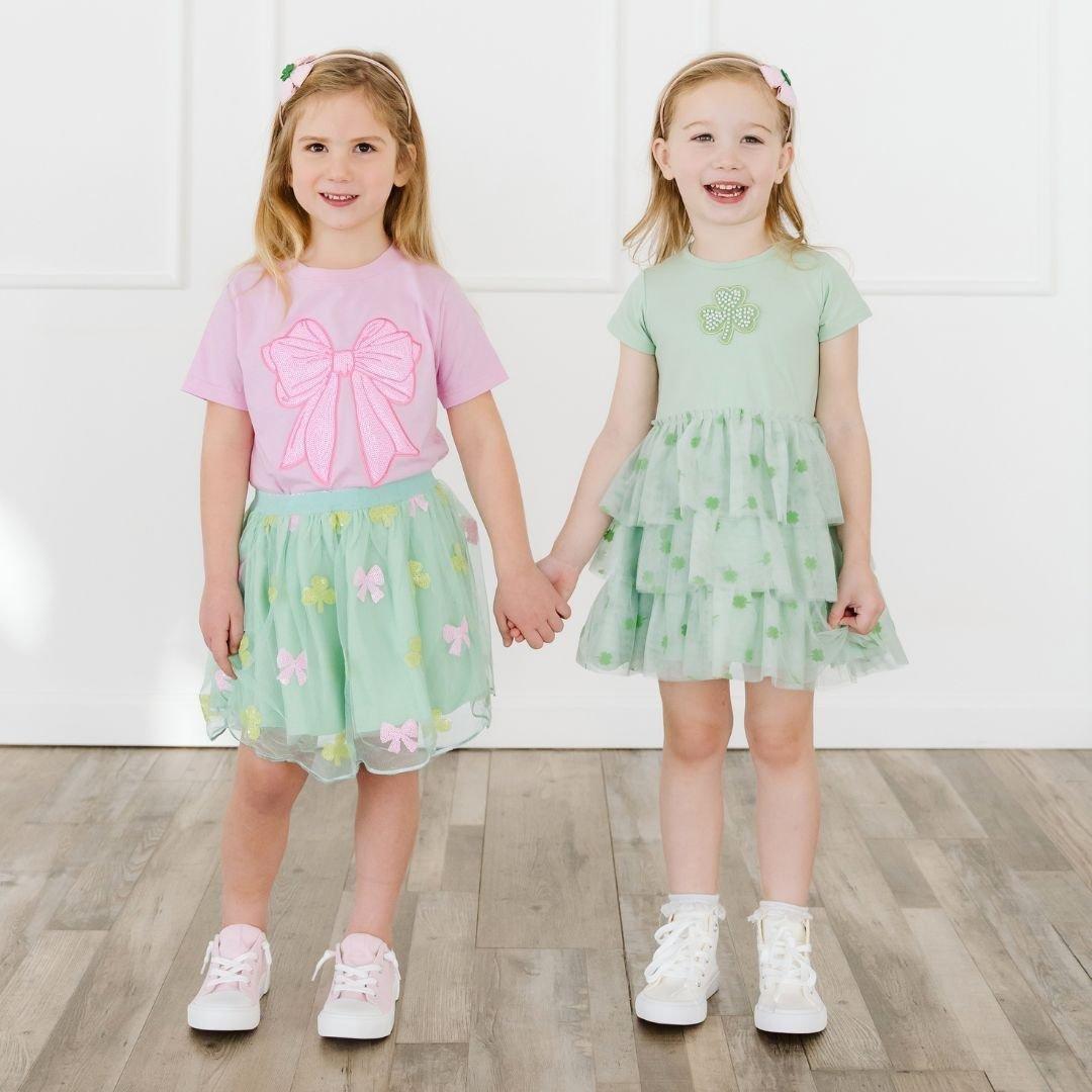 Flocked Shamrock St. Patrick's Day Tiered Short Sleeve Tutu Dress image number 4