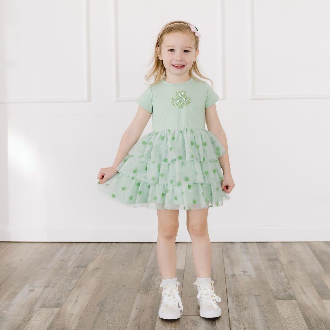 Flocked Shamrock St. Patrick's Day Tiered Short Sleeve Tutu Dress image number 1