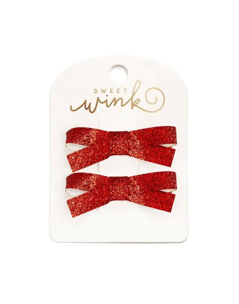 Red Glitter Bow Clip Set
