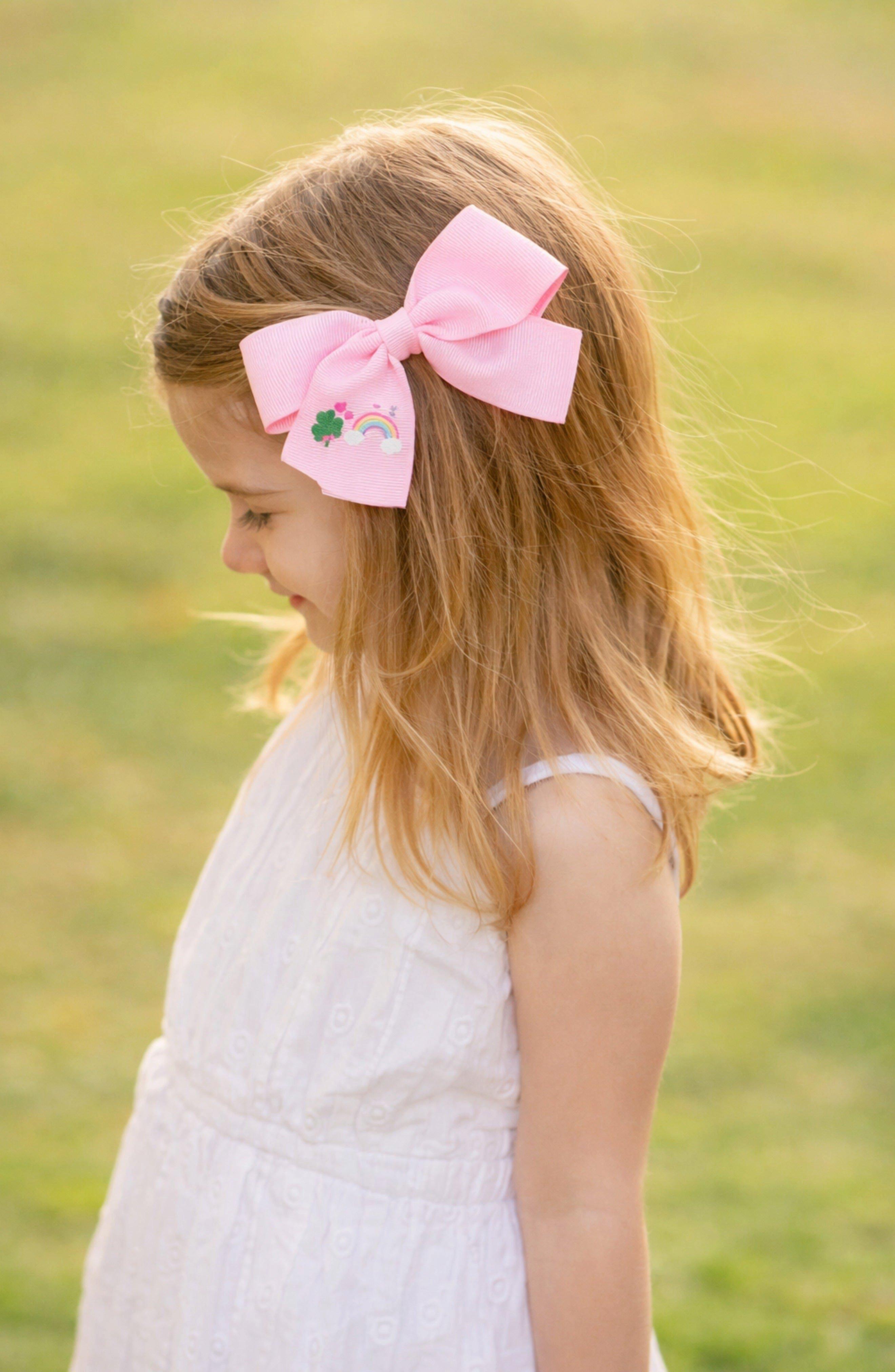 Rainbow Shamrock Hair Bow | Pink image number 1