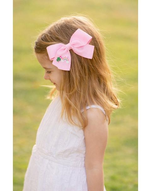 Rainbow Shamrock Hair Bow | Pink
