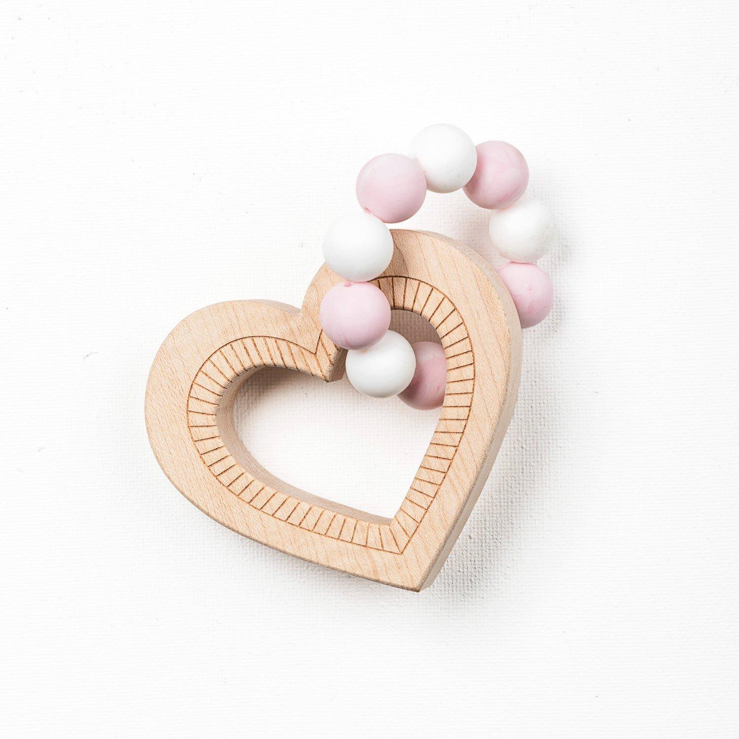 Silicone Bead Teether with Organic Cotton Bag - Heart with Pink Beads image number 1
