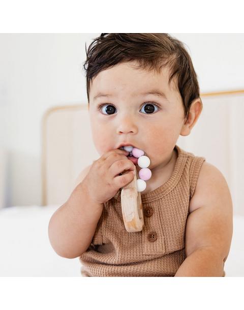 Silicone Bead Teether with Organic Cotton Bag - Heart with Pink Beads