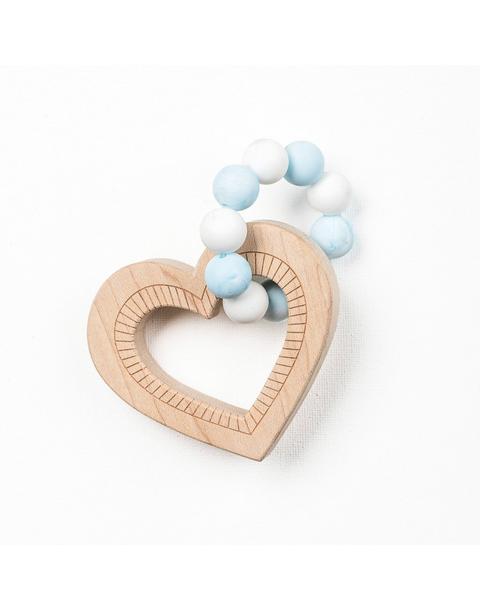 Silicone Bead Teether with Organic Cotton Bag - Heart with Blue Beads
