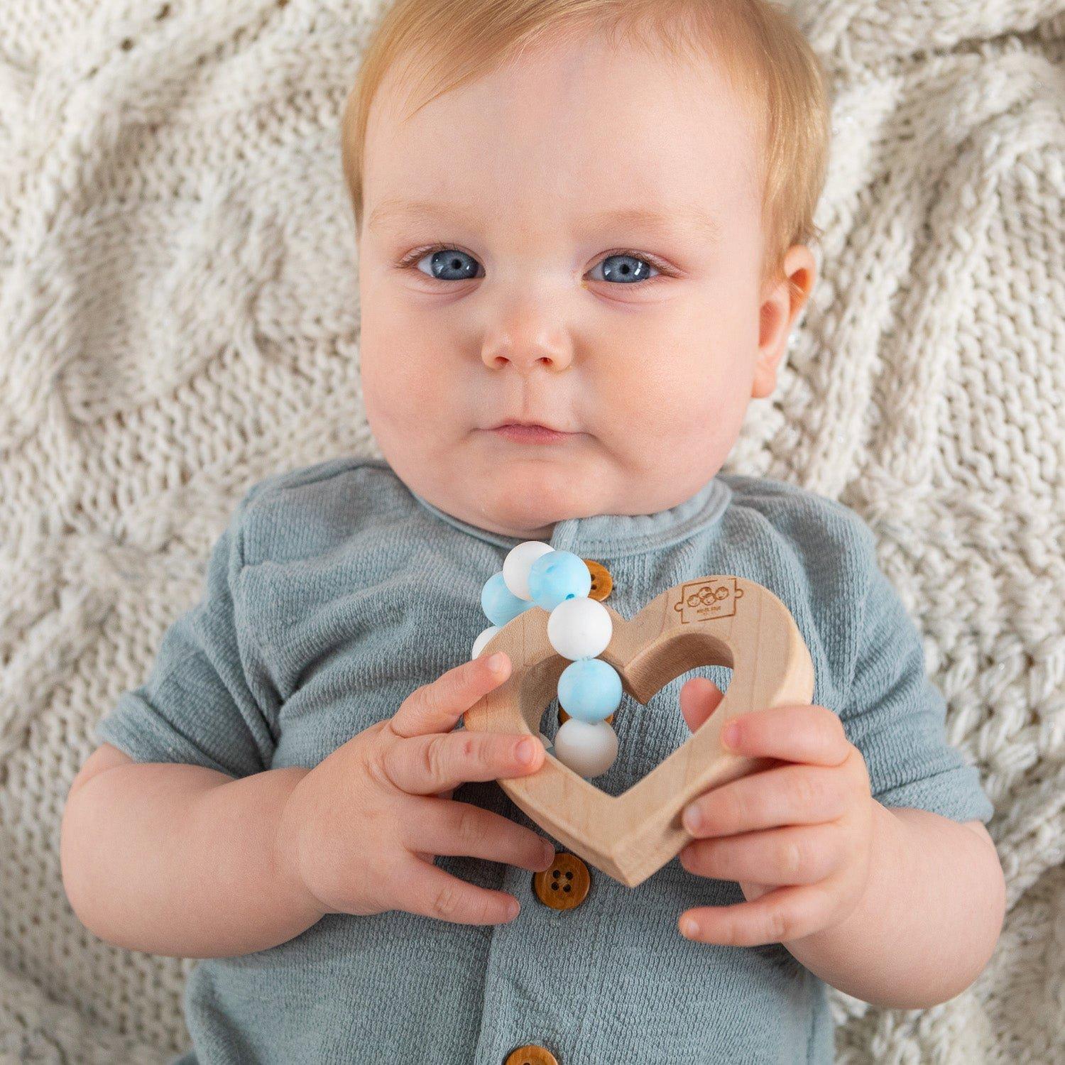 Silicone Bead Teether with Organic Cotton Bag - Heart with Blue Beads image number 3