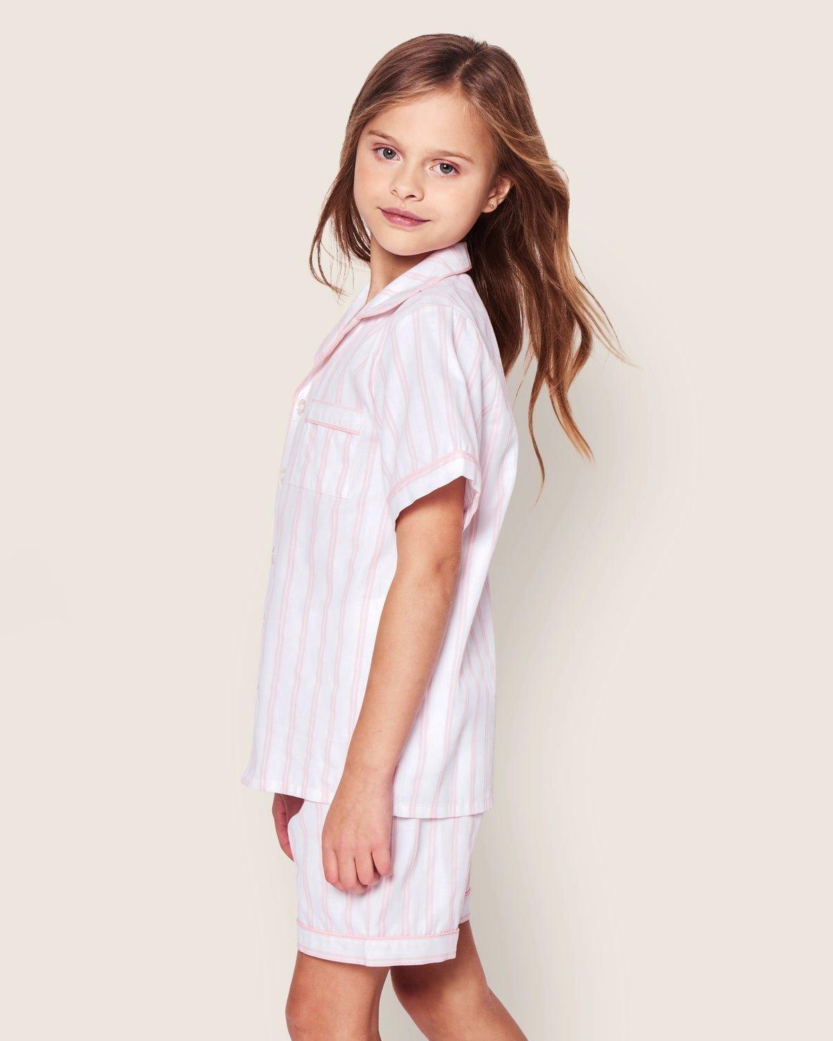 Kid's Twill Pajama Short Set in Pink Stripes image number 2