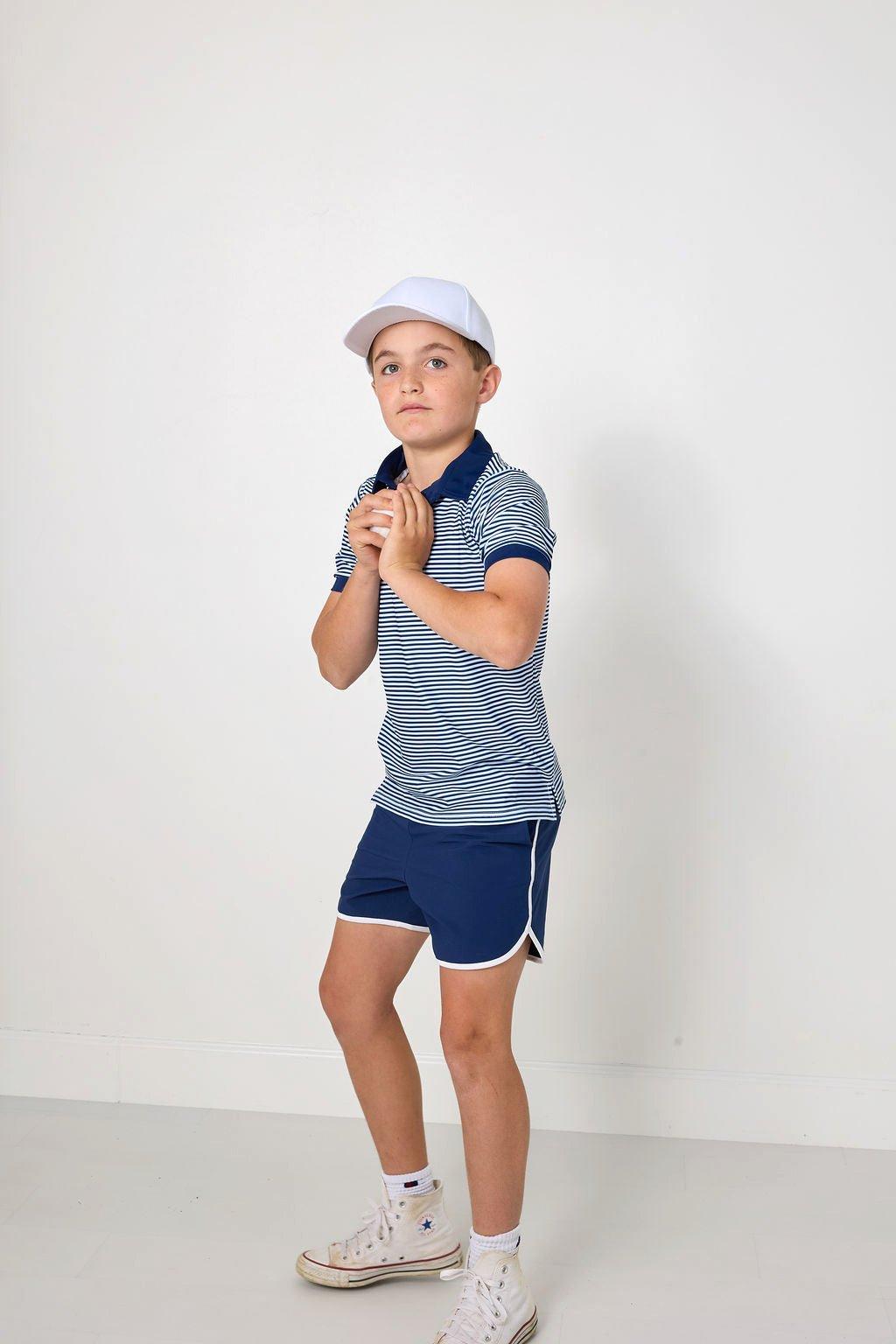 Boys Thin Stripe Polo Shirt- Navy image number 3