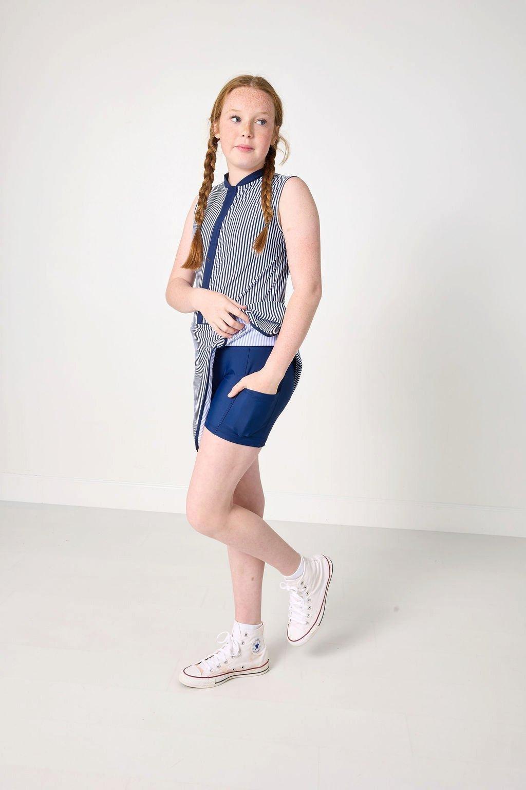 Girls Sleeveless Dress- Navy Stripe image number 2