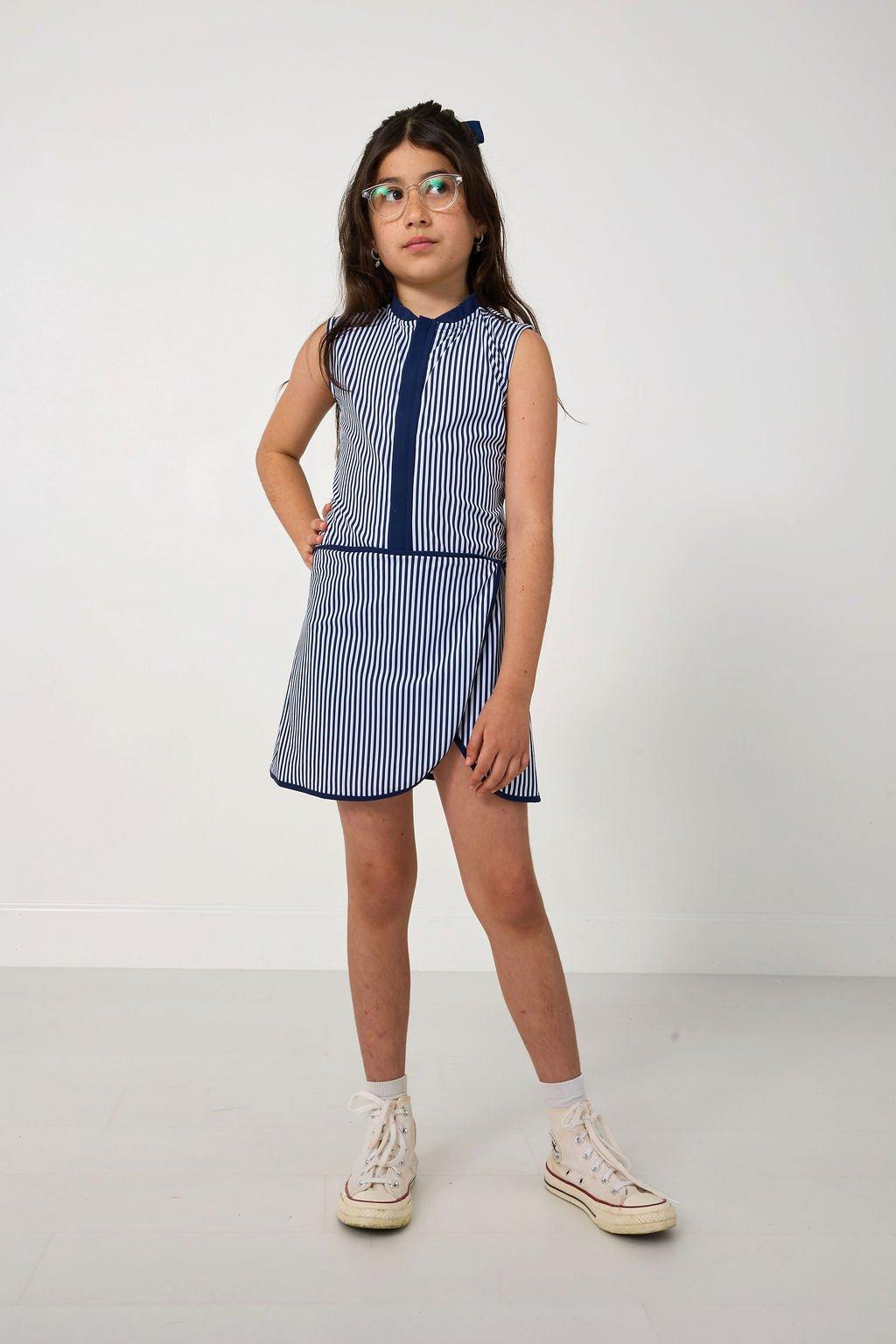 Girls Sleeveless Dress- Navy Stripe image number 1