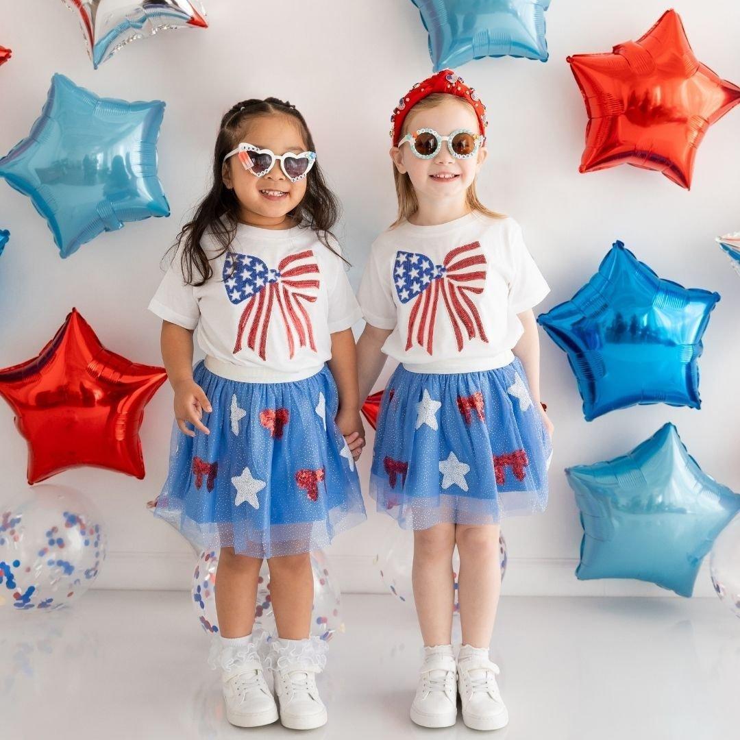 Patriotic Sequin Bow Patch Short Sleeve T-Shirt image number 1