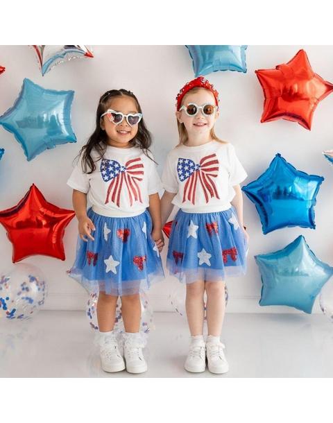 Patriotic Sequin Bow Patch Short Sleeve T-Shirt