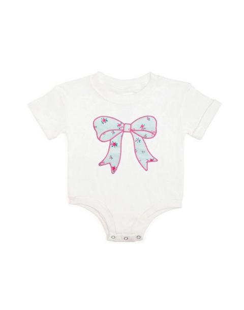 Sky Blue Floral Bow Patch Short Sleeve Romper