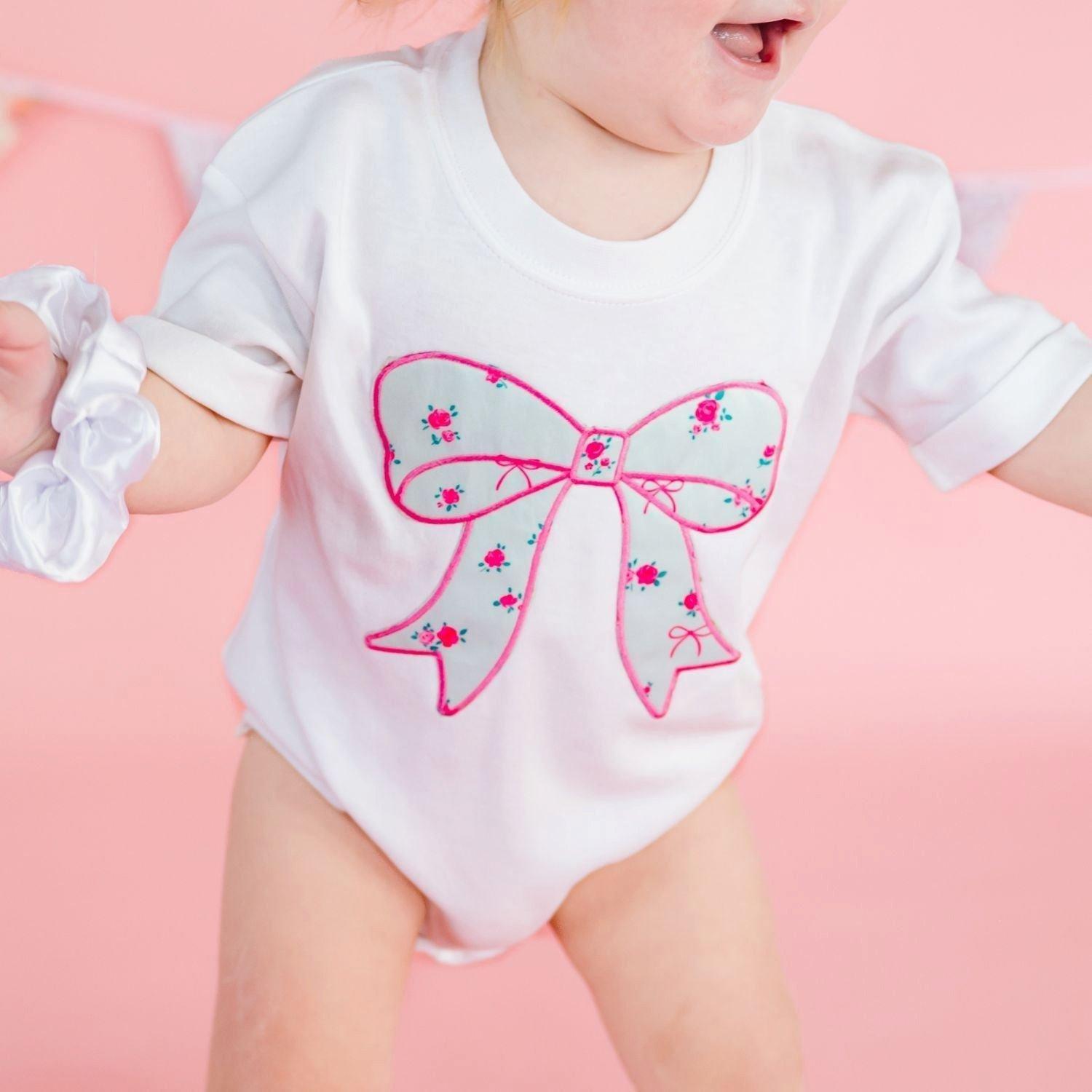 Sky Blue Floral Bow Patch Short Sleeve Rompe image number 2