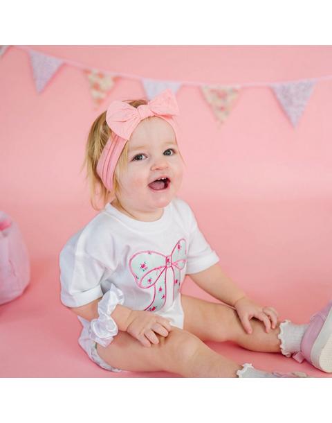 Sky Blue Floral Bow Patch Short Sleeve Romper