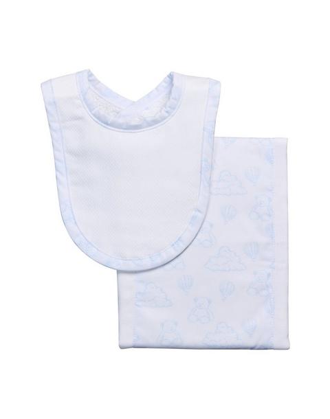 Blue Teddy Bear Toile Drooler Bib & Burp Cloth Set