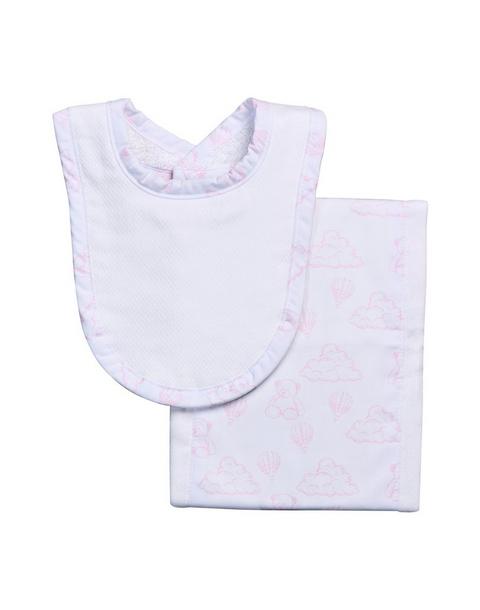 Pink Teddy Bear Toile Drooler Bib & Burp Cloth Set