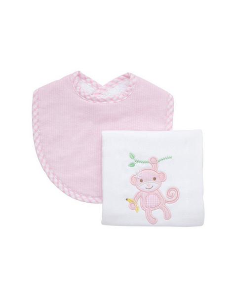 Pink Monkey Boxed Bib & Burp Set