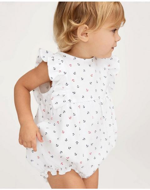Baby's Twill Ruffled Romper in Anchors Away White