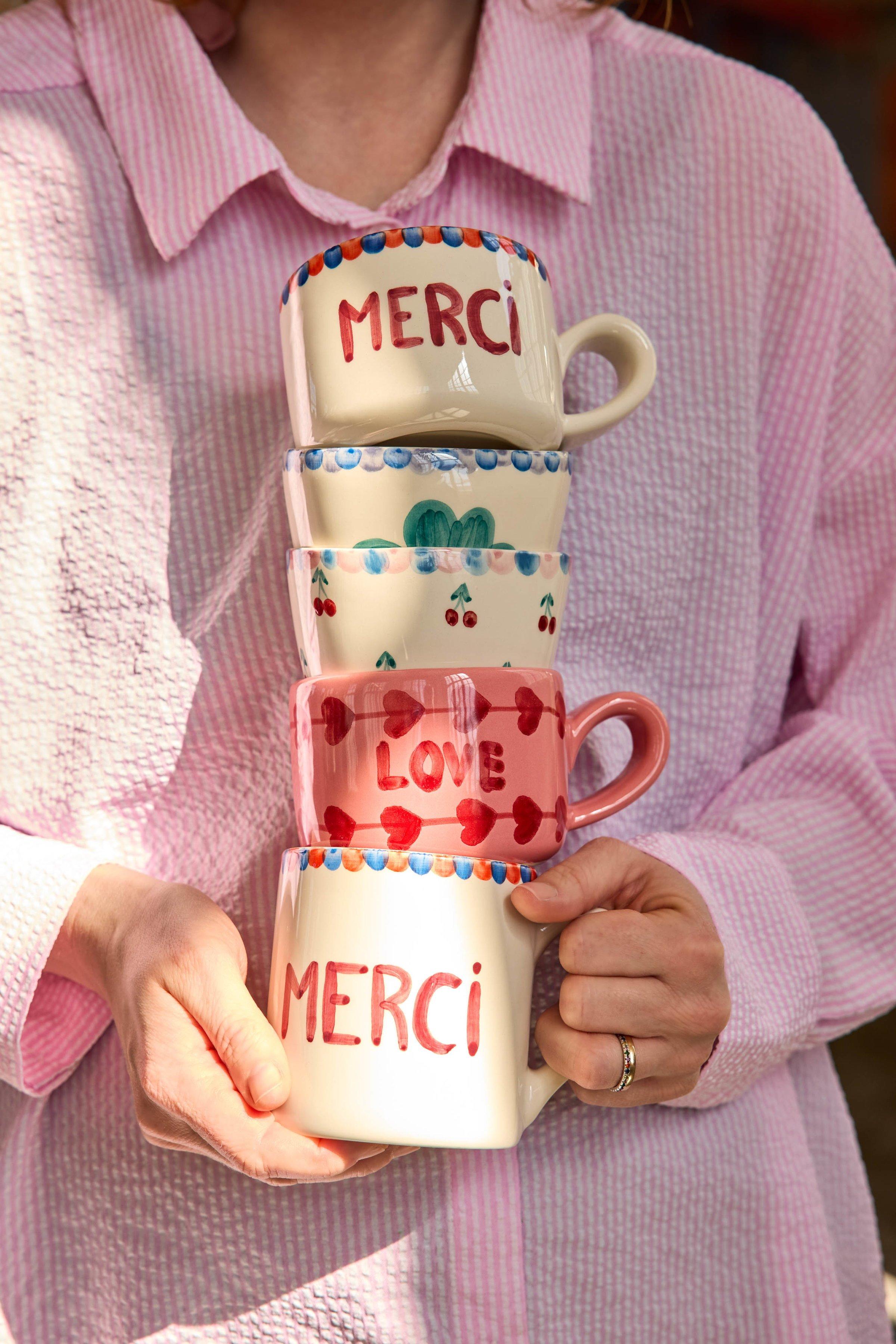 Ceramic Cappuccino Cup Hand Painted Merci image number 1