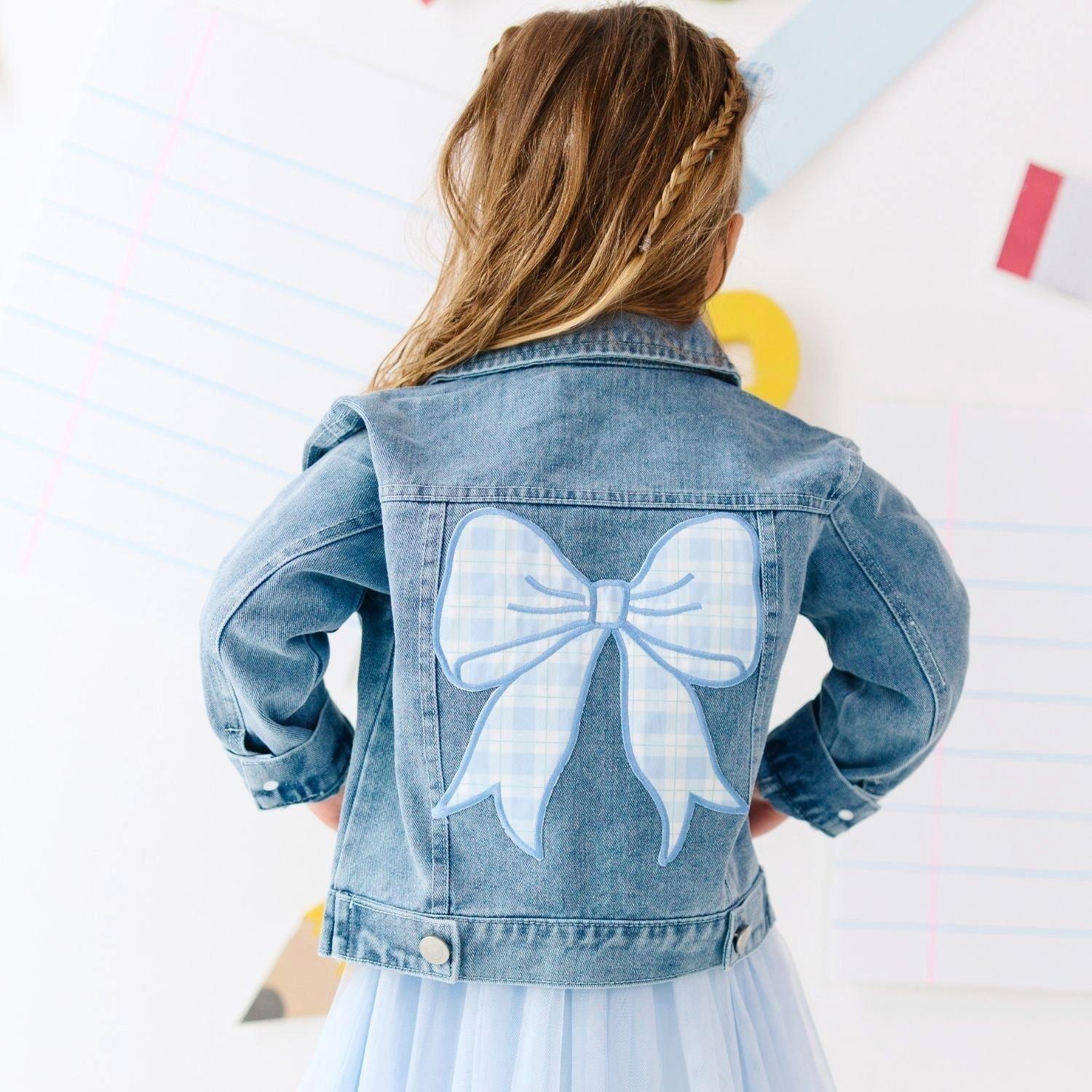 Blue Plaid Bow Patch Denim Jacket image number 3