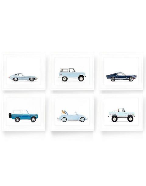 Set Of Six Powder Blue Classic Car Prints