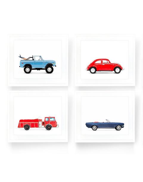 Set Of Four Blue And Red Car Prints