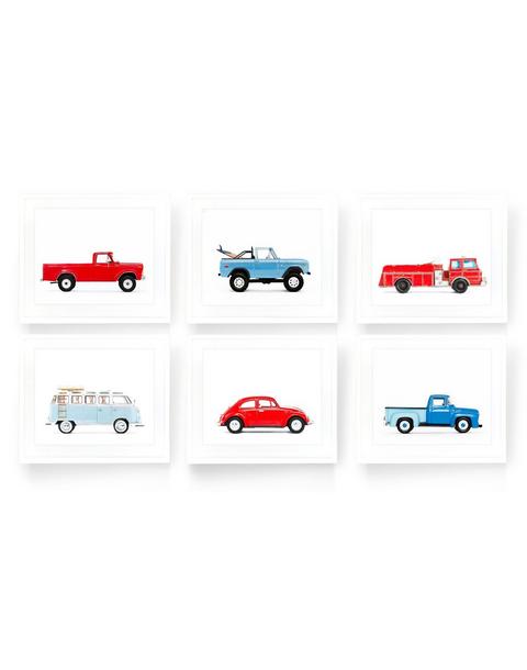 Set Of Six Blue And Red Car Prints