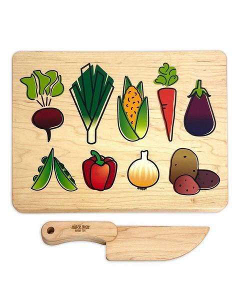 Kid's Chef-in-Training Wooden Cutting Board with Handcrafted Wooden Knife
