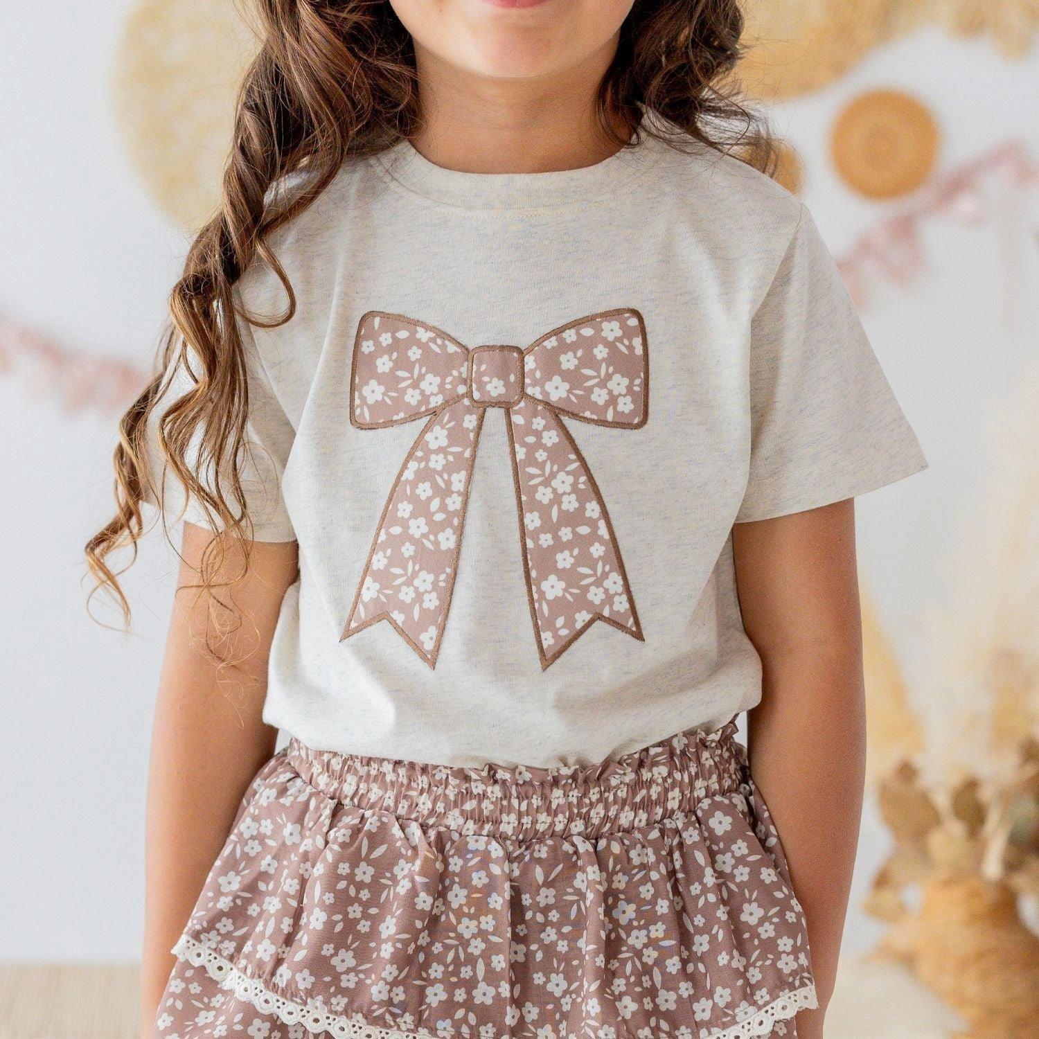 Mocha Floral Bow Patch Short Sleeve T-Shirt image number 2