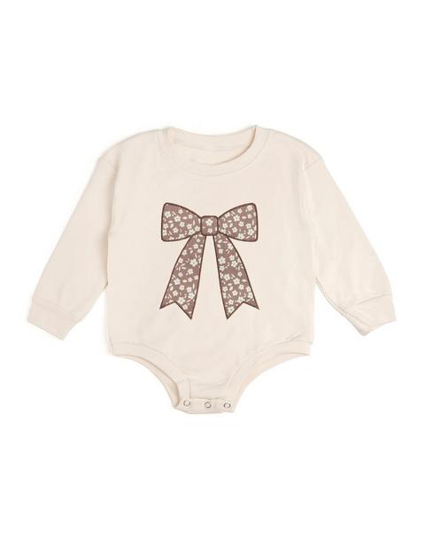 Mocha Floral Bow Patch Long Sleeve Romper