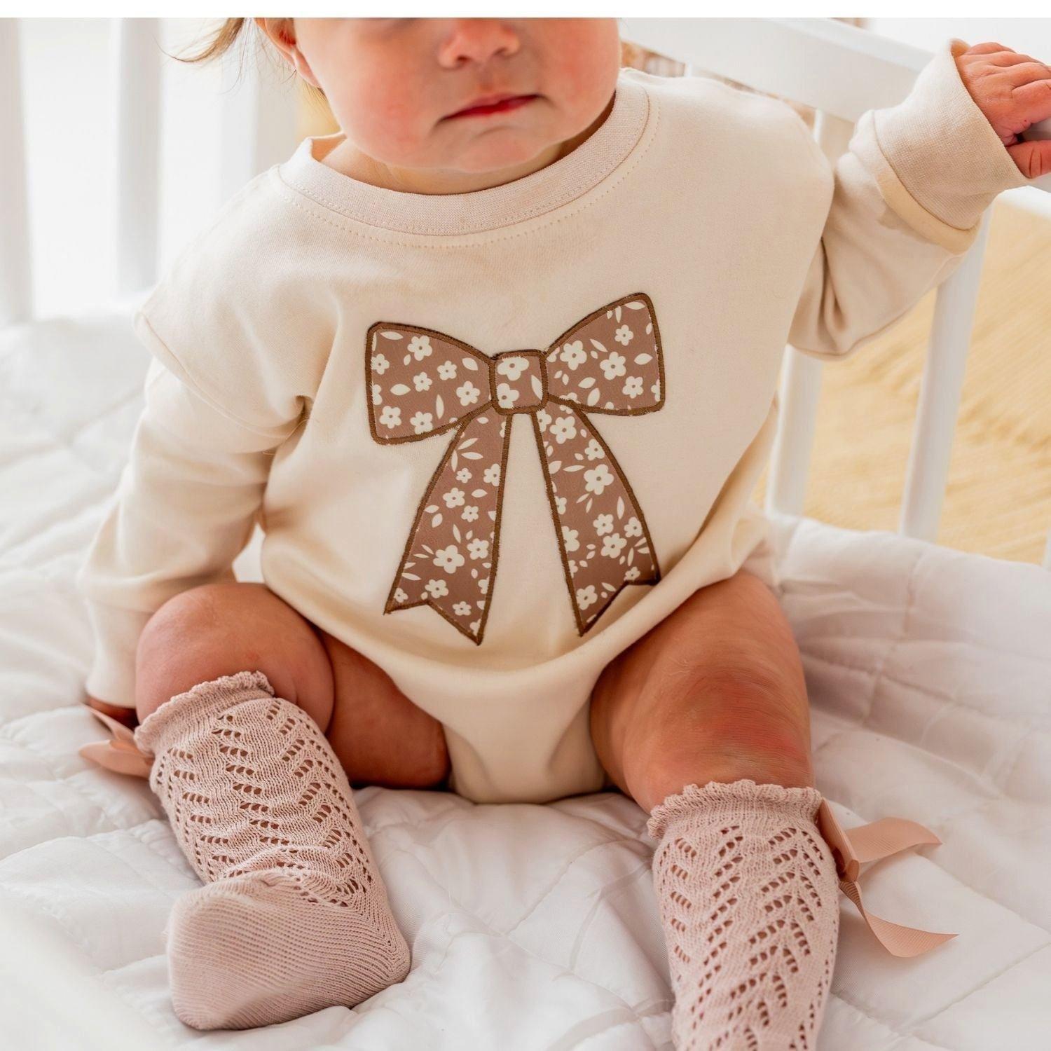 Mocha Floral Bow Patch Long Sleeve Romper image number 2