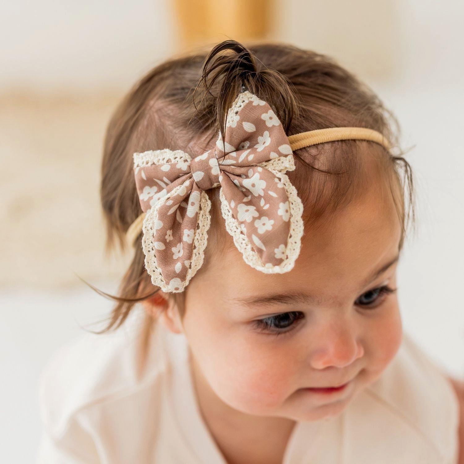Mocha Floral Lace Bow Baby Headband image number 2