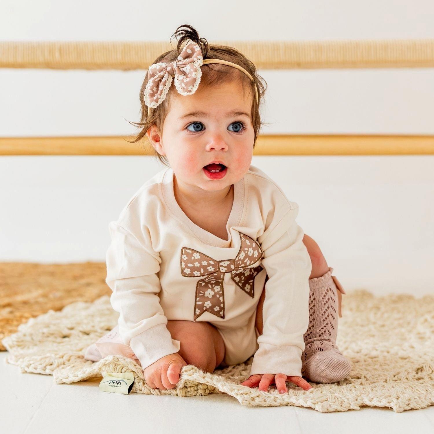 Mocha Floral Lace Bow Baby Headband image number 3