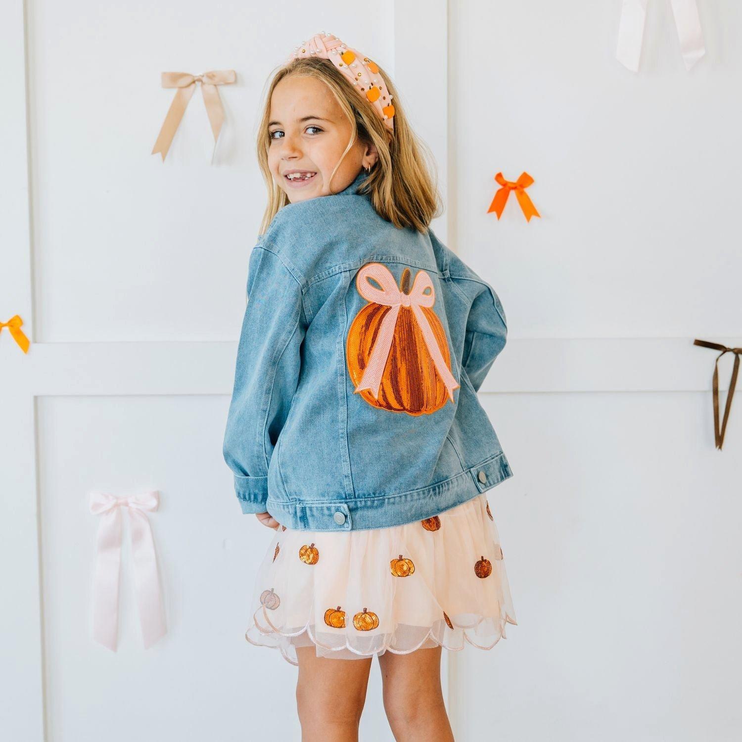 Coquette Pumpkin Sequin Patch Denim Jacket image number 1