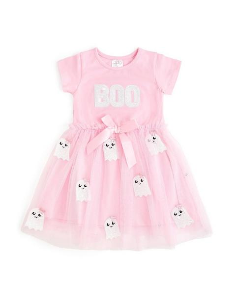 Boo Sequin Patch Halloween Short Sleeve Tutu Dress