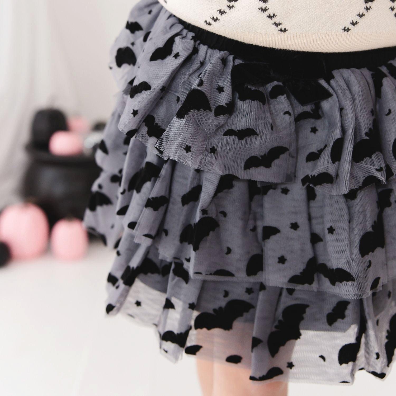 Flocked Bats Halloween Bow Tiered Tutu Skirt image number 2