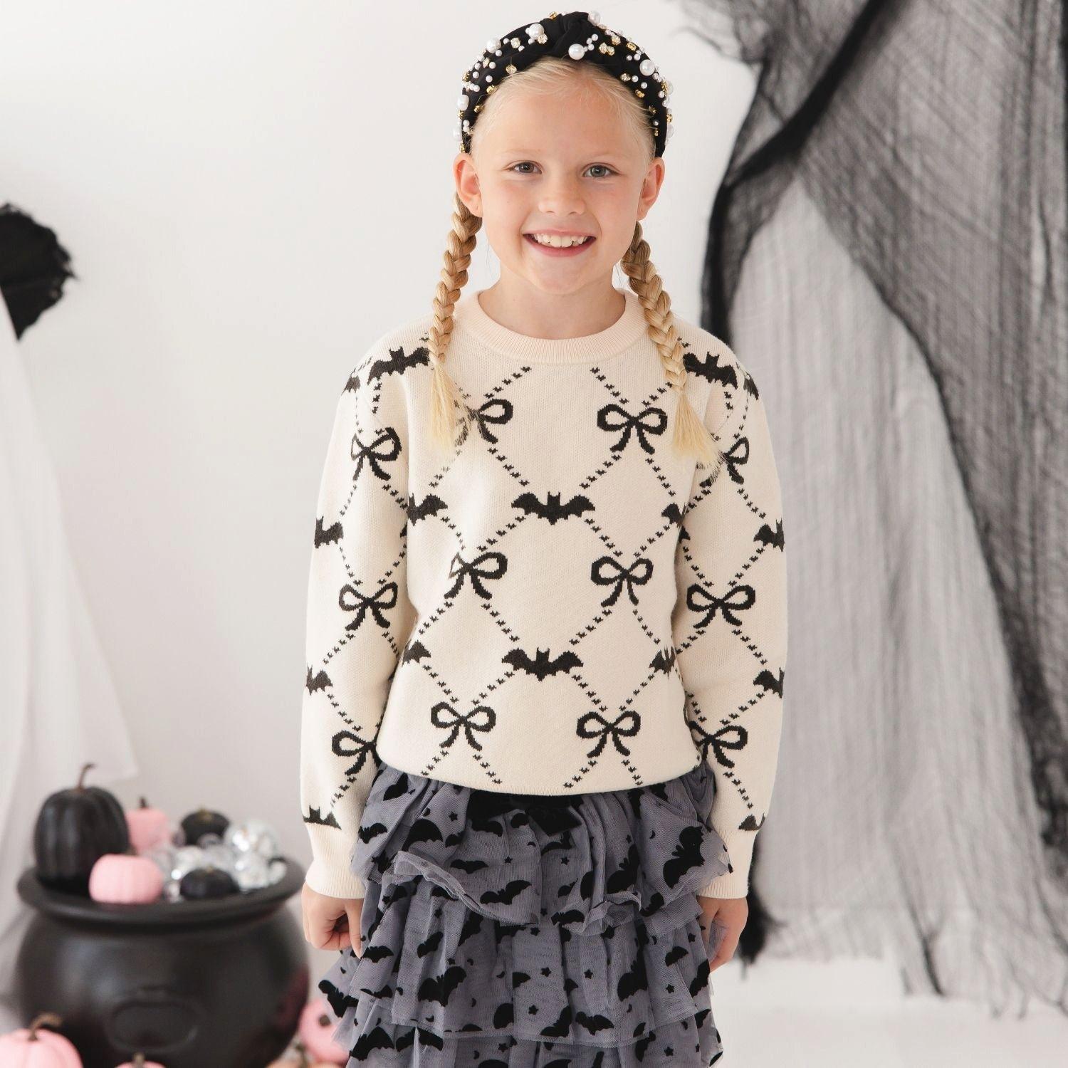 Flocked Bats Halloween Bow Tiered Tutu Skirt