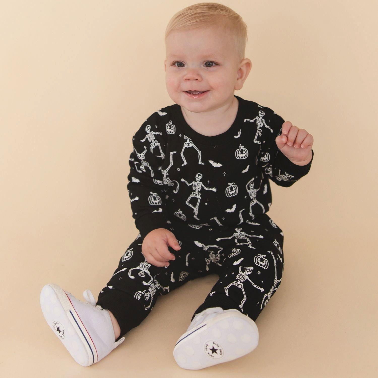 Glow In The Dark Silly Skelly Halloween Long Sleeve Romper image number 1
