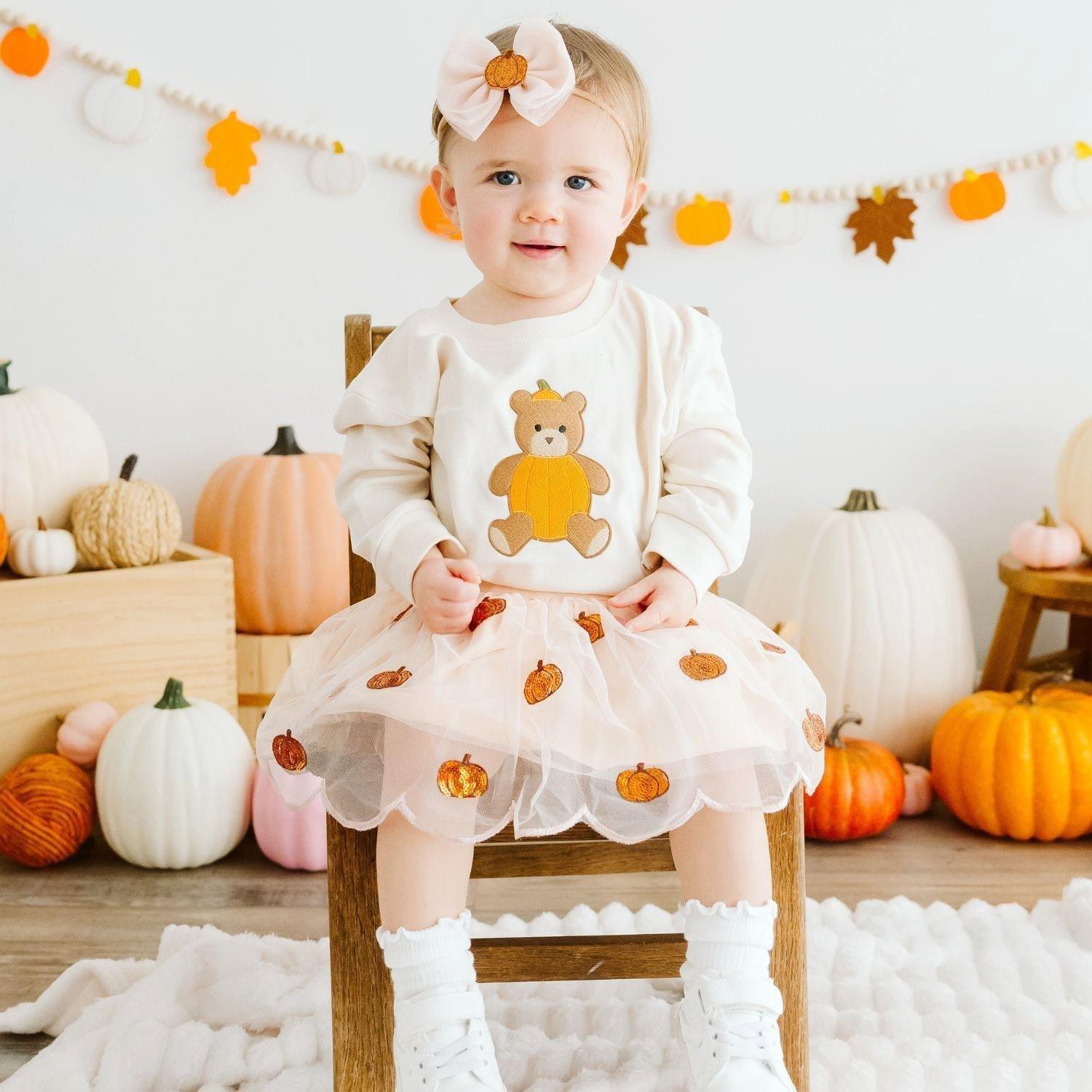Pumpkin Teddy Bear Patch Long Sleeve Romper image number 3
