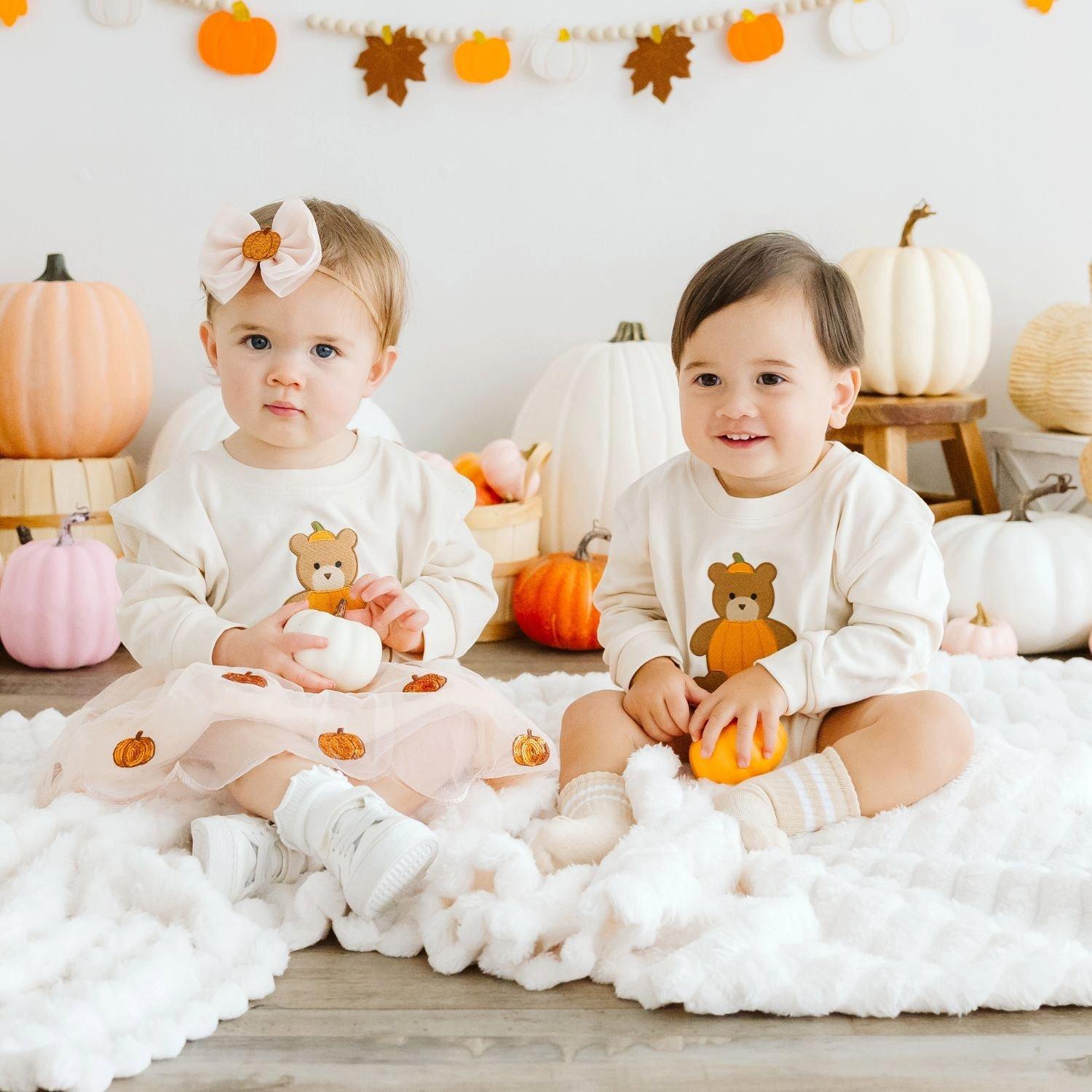 Pumpkin Teddy Bear Patch Long Sleeve Romper image number 4