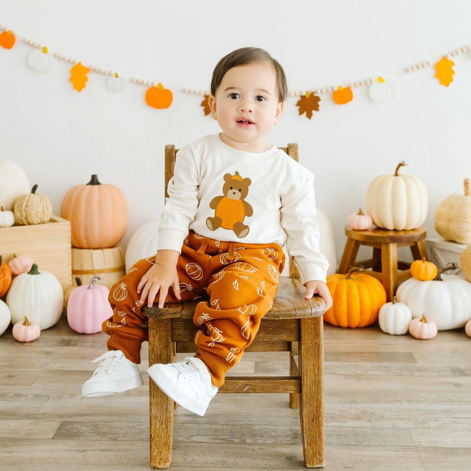 Pumpkin Teddy Bear Patch Long Sleeve Romper image number 1