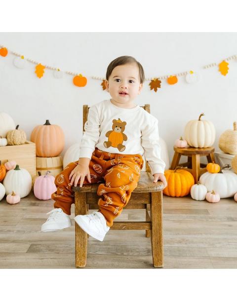 Pumpkin Teddy Bear Patch Long Sleeve Romper