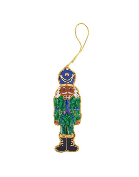 Green and Blue Beaded Nutcracker Christmas Ornament