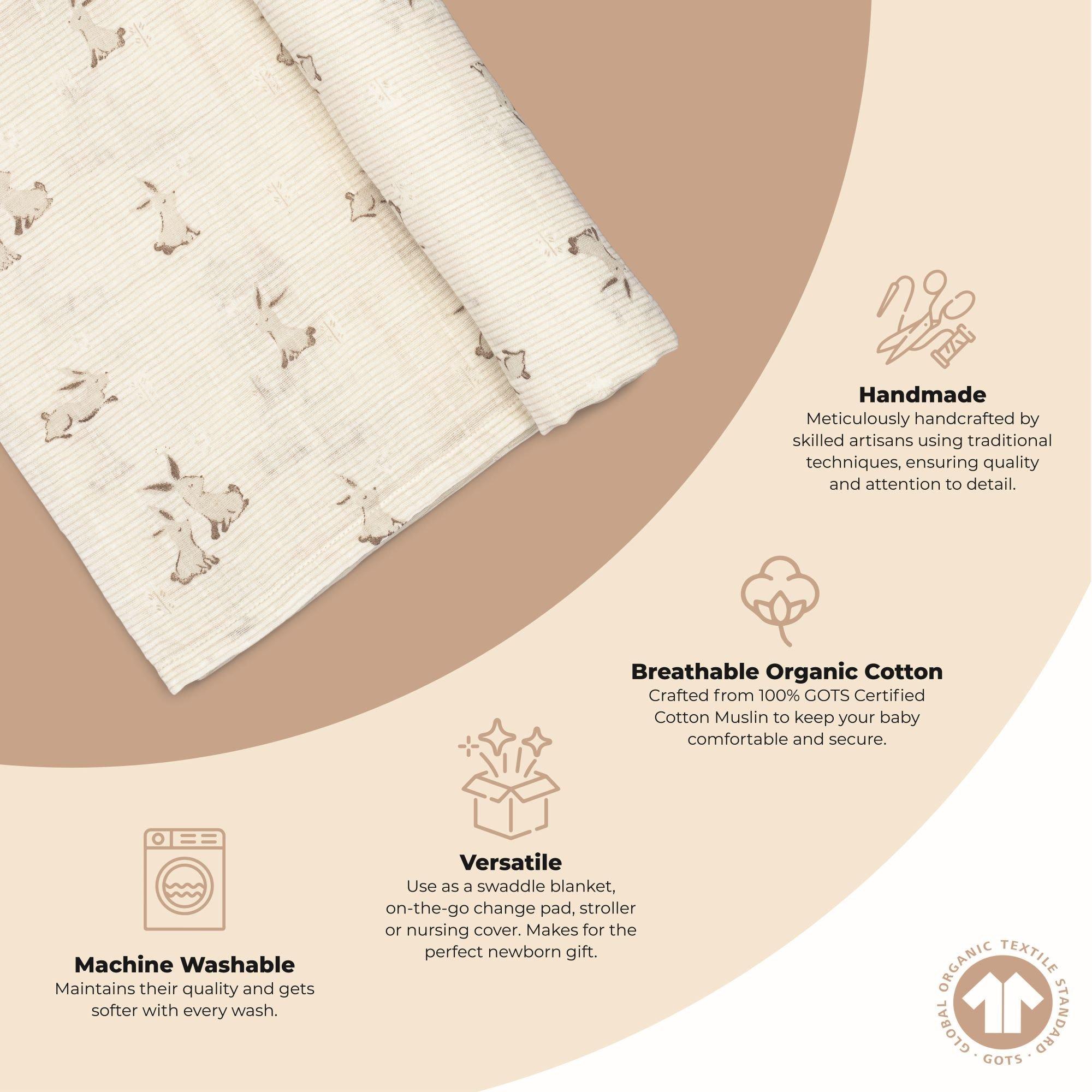 Avery Organic Cotton Muslin Swaddle Blanket (Bunny) image number 2