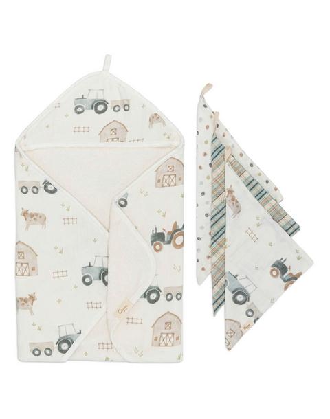 Charlie Farmhouse Tractor Hooded Baby Bath Towel & Washcloth Set